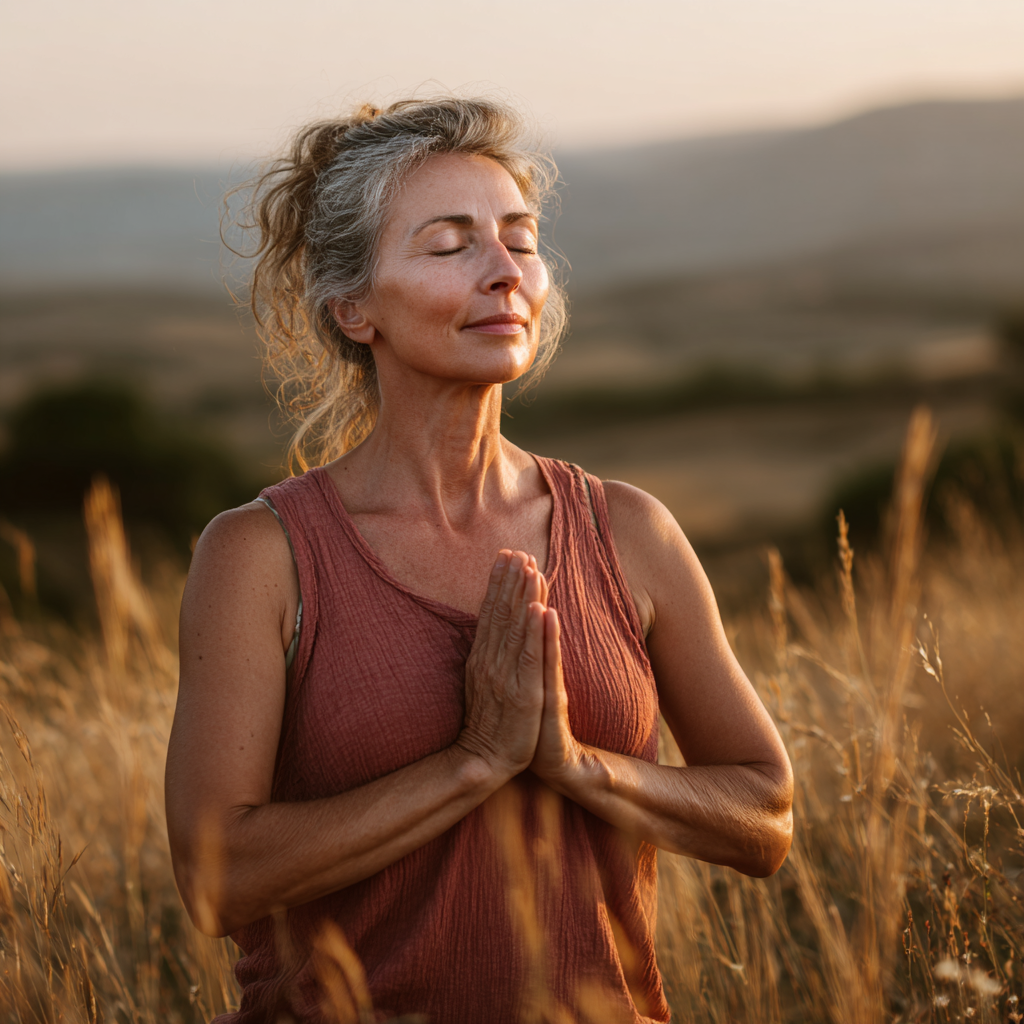 Middle-aged woman practicing gentle yoga poses in natural setting