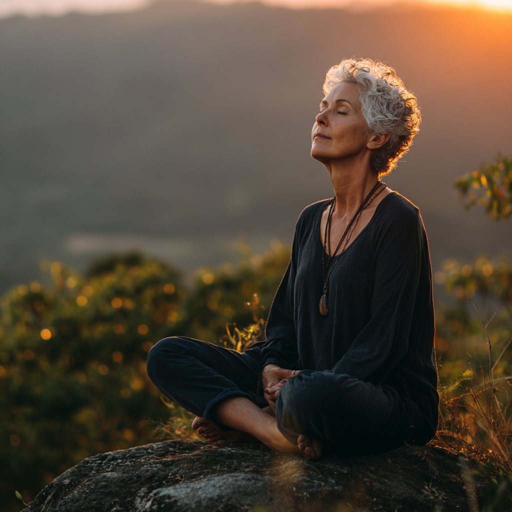 Senior adult practicing mindful meditation in serene natural environment
